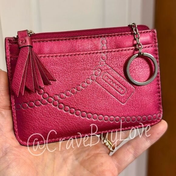 COACH POPPY CARD CASE WALLET HOT PINK FUCHSIA SHIMMER TROMPE TASSEL SLG HTF VGUC - Picture 1 of 9